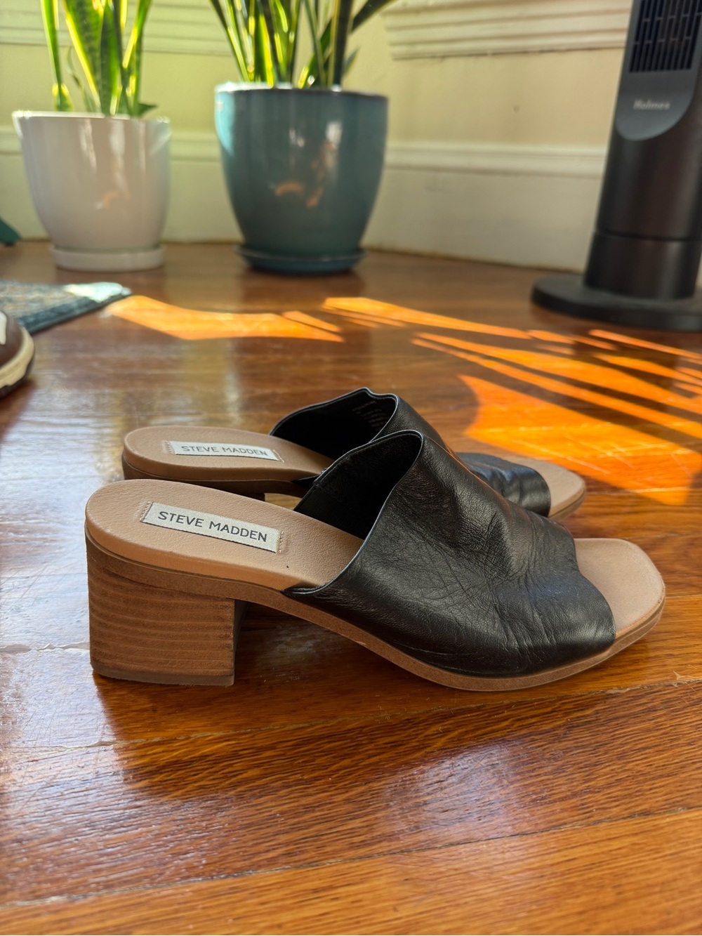 Steve Madden Black Leather Open-Back Block Heel Mules